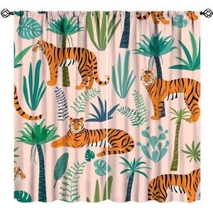 Tiger Blackout Curtains Tropical Plant Palm Trees Leaves Jungle Animal Tiger Col